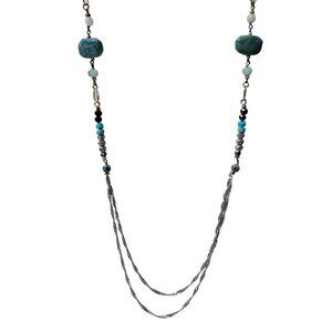 Handmade Multi Gemstone Beaded Long Necklace Silver Tone Triple Chain Jewelry